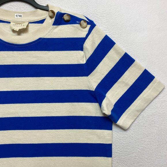 SEZANE Dress Womens XL Blue Cream EMY Stripes Button Shoulder Maxi - Picture 4 of 15